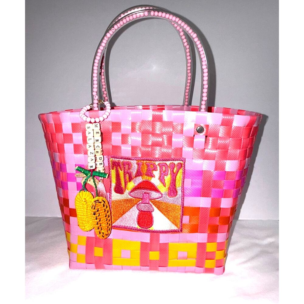 Mercedes Salazar Trippy Small Pink Woven Tote Bag